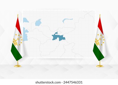 Map of Tajikistan and flags of Tajikistan on flag stand. Vector illustration for diplomacy meeting.