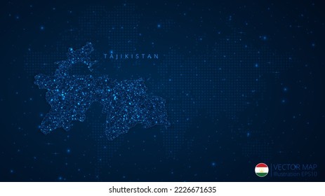 Map of Tajikistan modern design with polygonal shapes on dark blue background. Business wireframe mesh spheres from flying debris. Blue structure style vector illustration concept.