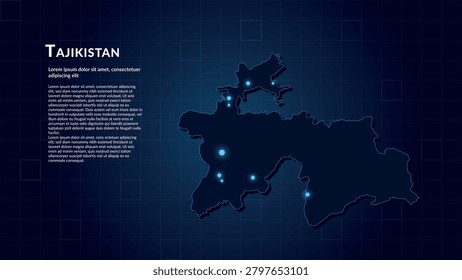 Map of Tajikistan. Neon lights on dark background highlighting the major cities. Illustration of the digital map in blue. Technological connectivity of the geographic area