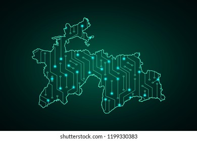 Map of Tajikistan, network line, design sphere, dot and structure on dark background with Map Tajikistan, Circuit board. Vector illustration. Eps 10