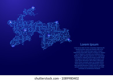 Map Tajikistan from printed board, chip and radio component with blue star space on the contour for banner, poster, greeting card. Computer electronics processor motherboard. Vector illustration. 