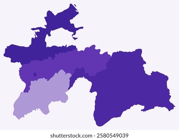 Map of Tajikistan with regions. Just a simple country border map with region division. Deep purple color palette. Plain Tajikistan shape with administrative division. Vector illustration.