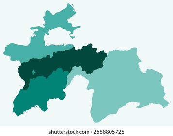 Map of Tajikistan with regions. Just a simple country border map with region division. Teal color palette. Blank Tajikistan shape with administrative division. Vector illustration.