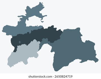 Map of Tajikistan with regions. Just a simple country border map with region division. Blue grey color palette. Blank Tajikistan shape with administrative division. Vector illustration.