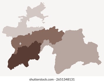 Map of Tajikistan with regions. Just a simple country border map with region division. Brown color palette. Blank Tajikistan shape with administrative division. Vector illustration.