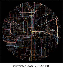Mapa de Tallahassee, Florida con todos los caminos principales y menores, ferrocarriles y vías fluviales. Coloridas líneas de arte sobre fondo negro.
