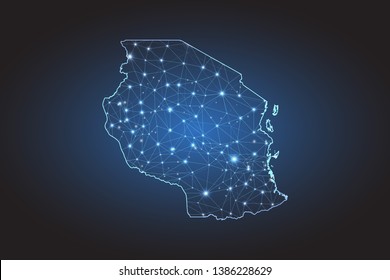 Map of Tanzania - Abstract mash line and point scales on circuit dark background. Wire frame 3D mesh polygonal network line, design sphere, dot and structure. Vector illustration eps 10.