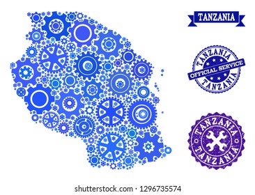 Map of Tanzania composed with blue wheel symbols, and isolated scratched seals for official repair services. Vector abstract mosaic of map of Tanzania with machinery symbols in blue hues.