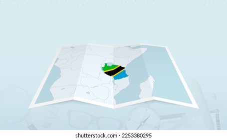 Mapa de Tanzania con la bandera de Tanzania en el contorno del mapa en un contexto abstracto de viaje. Ilustración de viaje.