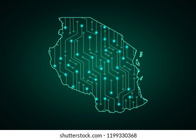 Map of Tanzania, network line, design sphere, dot and structure on dark background with Map Tanzania, Circuit board. Vector illustration. Eps 10