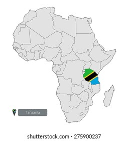 Map of Tanzania with an official flag. Location on the continent of Africa