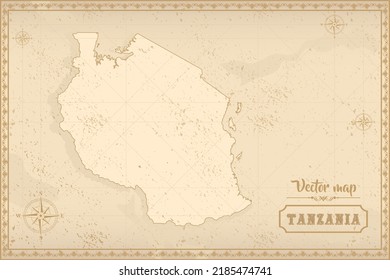 Map of Tanzania in the old style, brown graphics in retro fantasy style