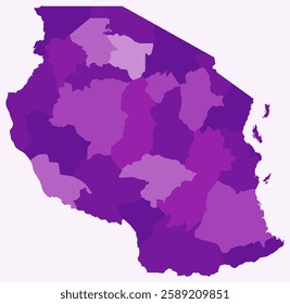 Map of Tanzania with regions. Just a simple country border map with region division. Purple color palette. Flat United Republic of Tanzania shape with administrative division. Vector illustration.