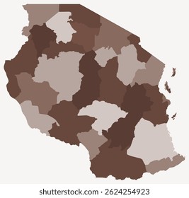Map of Tanzania with regions. A simple country border map with region division. Brown color palette. Flat United Republic of Tanzania shape with administrative division. Vector illustration.
