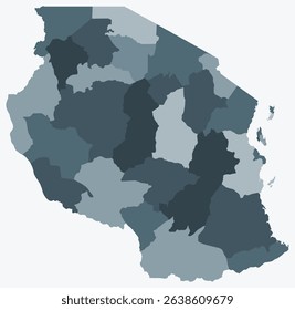 Map of Tanzania with regions. A simple country border map with region division. Blue-grey color palette. Flat United Republic of Tanzania shape with administrative division. Vector illustration.