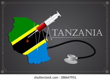 Map of Tanzania with Stethoscope and syringe.