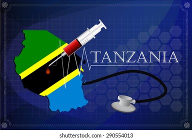 Map of Tanzania with Stethoscope and syringe.