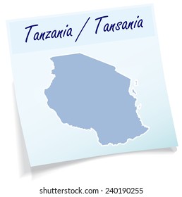 Map of Tanzania as sticky note in blue