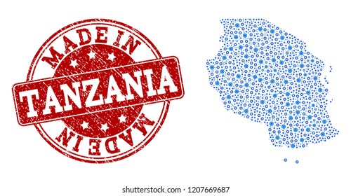 Map of Tanzania vector mosaic and Made In grunge stamp. Map of Tanzania created with blue cog relations. Made in red seal with grunge rubber texture.