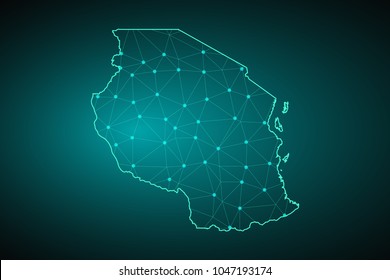 Map of Tanzania. Wire frame 3D mesh polygonal network line, design sphere, dot and structure. communications map of Tanzania. Vector Illustration EPS10.