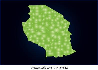Map of Tanzania. Wire frame 3D green mesh with sparkle, design sphere, dot and structure. Vector illustration eps 10
