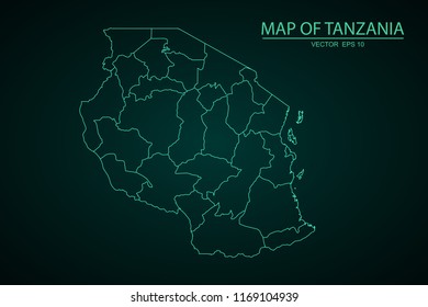 Map of Tanzania,Green map on dark background of map of Tanzania symbol for your web site design map. Vector illustration eps 10.