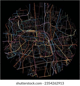 Map of Tarbes, Hautes-Pyrénées with all major and minor roads, railways and waterways. Colorful line art on black background.