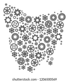 Map of Tasmania Island created with gray wheel symbols. Vector abstract mosaic of map of Tasmania Island with technical symbols. Engineering flat design for industry illustrations.