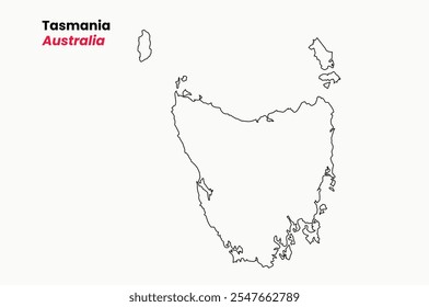 Mapa de Tasmania, Mapa de Tasmania con un esquema, Mapa de Australia estado Ilustración vectorial de Tasmania, Australia.
