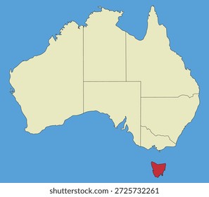 Mapa da Tasmânia, ilustração silhueta de um mapa vetorial isolado em um mapa da Austrália. Estados e territórios australianos