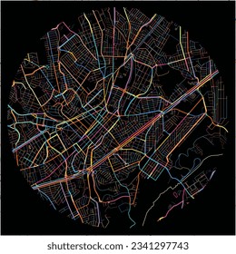 Mapa de Taubate con todas las carreteras principales y menores, ferrocarriles y vías fluviales. Coloridas líneas de arte sobre fondo negro.