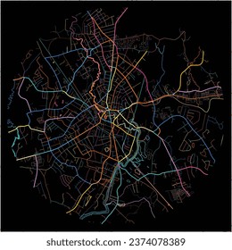 Map of Taunton, Massachusetts with all major and minor roads, railways and waterways. Colorful line art on black background.