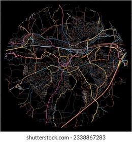 Map of Taunton, South West England with all major and minor roads, railways and waterways. Colorful line art on black background.