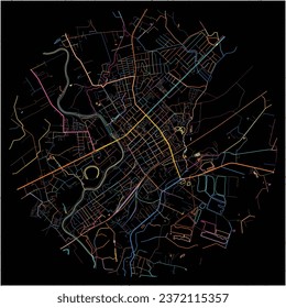 Map of Taurage, Tauragė County with all major and minor roads, railways and waterways. Colorful line art on black background.