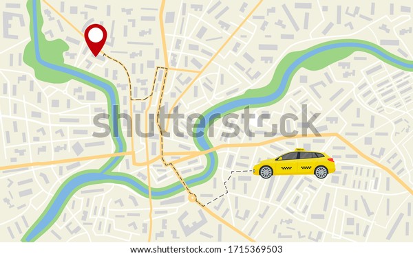 Map of taxi car. App navigator, gps on street of
city. Direction, destination of taxi vehicle on road. App for
travel, delivery, business. Orientation, location in town. Pathway
on address. Vector.
