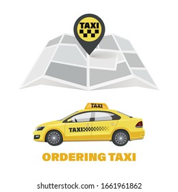 Map. Taxi. Taxi ordering. City transport service icon set. Vector flat illustration isolated on white background. Design elements for website, business card or poster.