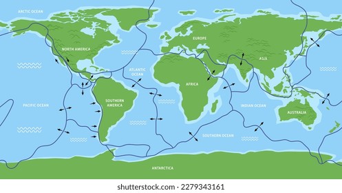 Map of tectonic plates and boundaries illustration