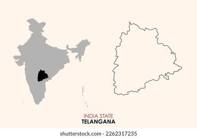 Map of Telangana, Map of Telangana with Indian Map, Telangana state of  India Vector Illustration, Outline Map of Telangana, India.