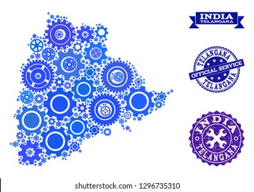 Map of Telangana State created with blue engine components, and isolated grunge watermarks for official repair services.