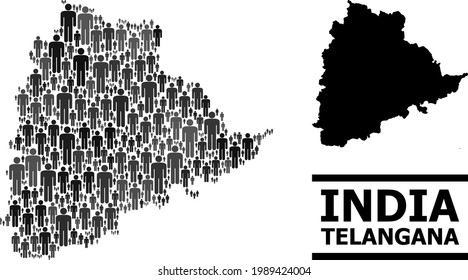 Map of Telangana State for political projects. Vector demographics mosaic. Mosaic map of Telangana State created of guy elements. Demographic scheme in dark gray color variations.