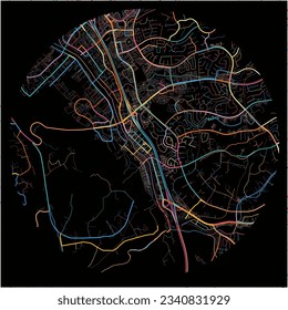 Map of Temecula, California with all major and minor roads, railways and waterways. Colorful line art on black background.
