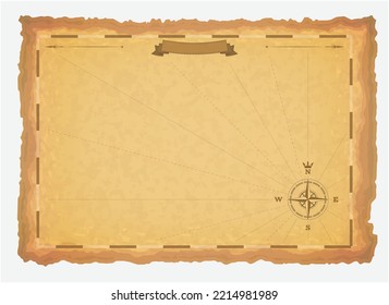 Map template. Wind rose, and text banner ribbon on old brown paper. Treasure map template or document. Antique realistic blank map. Ancient old yellow paper, with scratches and torn edge.