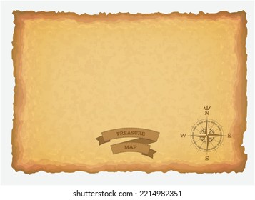 Map template. Wind rose, and text banner ribbon on old brown paper. Treasure map template or document. Antique blank map. Ancient old yellow paper, with scratches and torn edge.