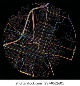 Mapa de Templo, Texas con todas las carreteras principales y menores, ferrocarriles y vías fluviales. Coloridas líneas de arte sobre fondo negro.