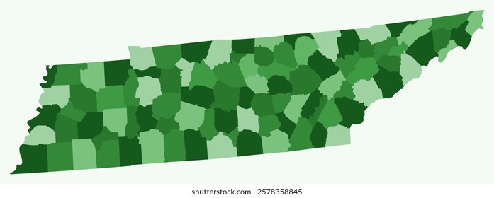 Map of Tennessee with counties. Just a simple state border map with county division. Green color palette. Blank State of Tennessee shape with administrative division. Vector illustration.