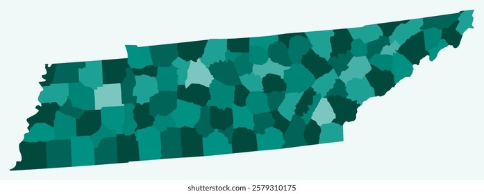 Map of Tennessee with counties. Just a simple state border map with county division. Teal color palette. Flat State of Tennessee shape with administrative division. Vector illustration.