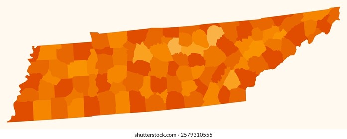 Map of Tennessee with counties. Just a simple state border map with county division. Orange color palette. Flat State of Tennessee shape with administrative division. Vector illustration.