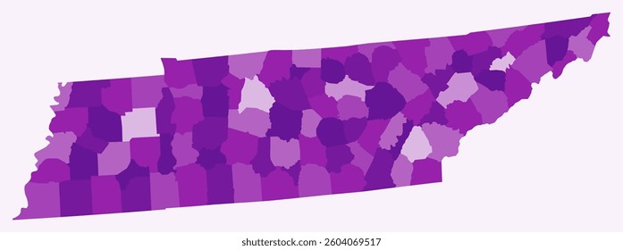 Map of Tennessee with counties. Just a simple state border map with county division. Purple color palette. Plain State of Tennessee shape with administrative division. Vector illustration.