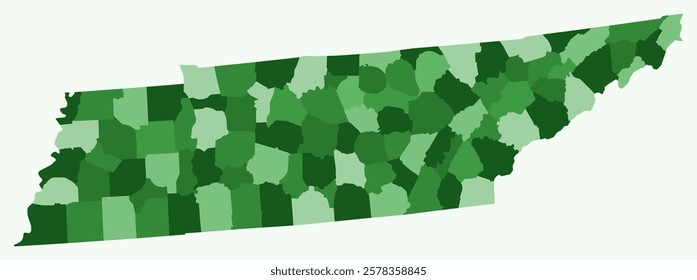 Map of Tennessee with counties. A simple state border map with county divisions in a green color palette. A blank state of Tennessee shape with administrative divisions. Vector illustration.