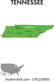 Map of Tennessee. The map depicts the state capitals, major cities and highways.